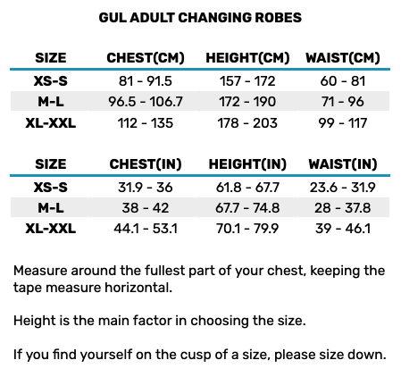 2025 Gul Adults Changing Robes 2 0 Size Chart